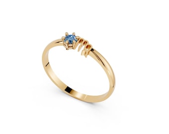 14K Solid Gold Zodiac Ring with Birthstone, Real Gold Astrology Sign Ring, Personalized Birthstone Ring, Dainty Gold Gemstone Jewelry
