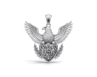 Silver Bald Eagle Pendant, Patriotic USA Shield Necklace, Mens American Eagle Jewelry, Military Veteran Gift, 18K Gold USA Eagle Charm
