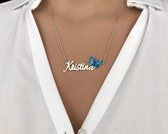 Personalized Butterfly Custom Name Necklace in Sterling Silver, Dainty Letter Pendant, Christmas Day, Gift For Her,Minimalist Insect Jewelry