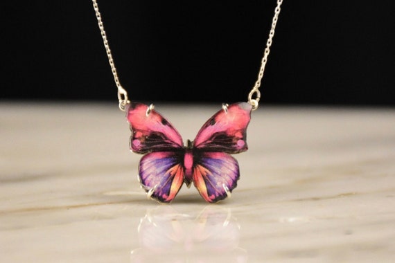 Pink Colorful Butterfly Necklace Butterfly jewelry | Etsy