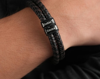 Pulsera para hombre, pulsera personalizada para hombre con nombres de familia e hijos, regalo único para el día del padre, pulsera de cuero, regalo para esposo, papá, Navidad.