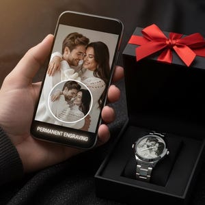 Personalized Photo Watch with Silver Plate, Custom Engraved Picture Watch for Men, Unique Valentine's Day Gift for Husband, Anniversary Gift image 2