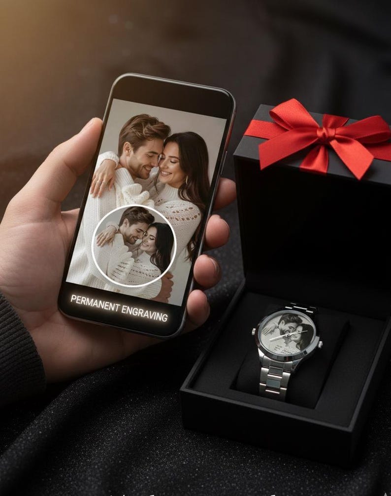 Personalized Photo Watch with Silver Plate, Custom Engraved Picture Watch for Men, Unique Valentine's Day Gift for Husband, Anniversary Gift image 2