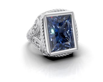 Vintage Blue Sapphire Men Ring, Emerald Cut Blue Gemstone Ring,925 Sterling Silver Filigree Signet Ring,Antique Style Statement Ring For Him