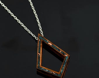 Olive Wood and Turquoise Inlay Necklace - Handmade Wooden Pendant, Personalized Wooden Pendant, Silver Chain