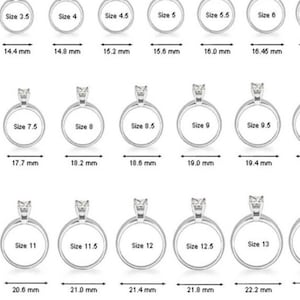 May include: A ring size chart displaying twenty-two silver-toned rings arranged in three rows. Each ring is labeled with a US size ranging from 3 to 13.5, accompanied by its corresponding internal diameter measurement in millimeters, from 14.0 mm to 22.6 mm.