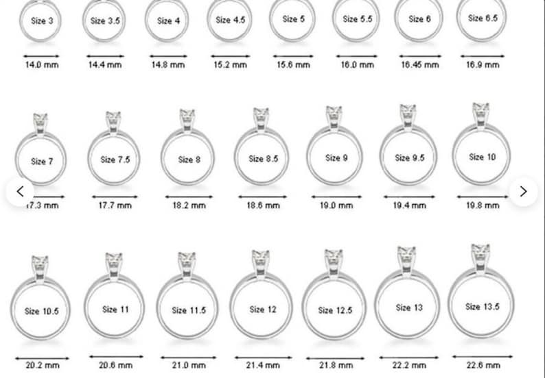 May include: A ring size chart displaying twenty-two silver-toned rings arranged in three rows. Each ring is labeled with a US size ranging from 3 to 13.5, accompanied by its corresponding internal diameter measurement in millimeters, from 14.0 mm to 22.6 mm.