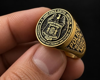 Custom Police Officer Ring, Personalized Law Enforcement Signet Ring, Berwyn Heights Maryland Police Chief Ring, Thin Blue Line Officer Gift