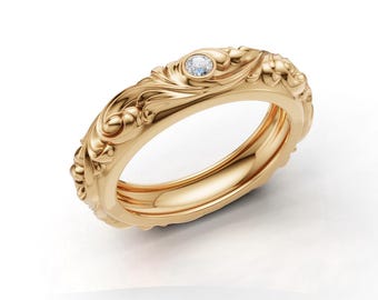 14K Solid Gold Vintage Floral Band Ring, Engraved Diamond Wedding Ring Women, Antique Filigree Stacking Ring,Unique Anniversary Gift For Her