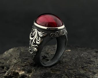 Red Ruby Stone Silver Ring for Men, Handmade 925 Sterling Silver Ring, Vintage Oval Gemstone Ring, Antique Engraved Jewelry, Gift for Him