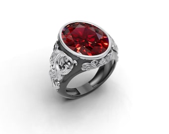 Men Ruby Ring Silver, Garnet Signet Ring for Men, Oval Red Gemstone Ring, Filigree Vintage Mens Statement Ring,Handmade Jewelry Gift for Him