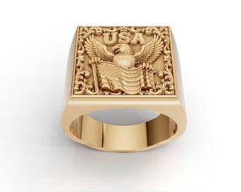 Custom Mens American Eagle Ring Sterling Silver USA Patriotic Flag Signet Ring Gold Eagle Jewelry Biker Veteran Ring Gift for Him