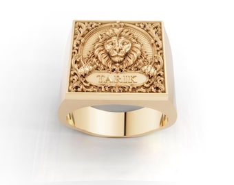 Custom Name Lion Signet Ring, Personalized Gold Lion Head Ring, Engraved Silver Men Jewelry, Heavy Statement Family Crest Ring, Gift for Him
