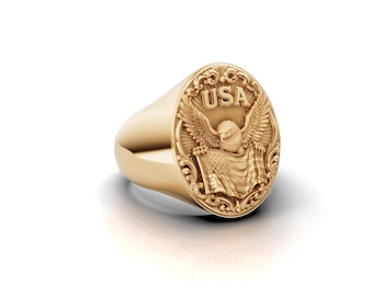 Gold American Eagle Ring, Patriotic USA Signet Ring,18K Gold American Flag Men Ring,US Patriotic Jewelry, Military Veteran Ring,Gift for Him