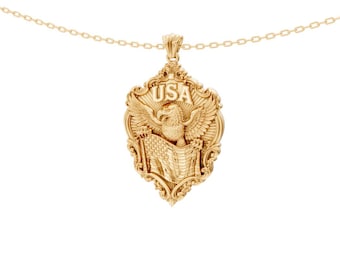 925 Sterling Silver USA Eagle Pendant, American Flag Medallion Necklace, Gold Eagle USA Charm, Patriotic Veteran Jewelry Gift for Him