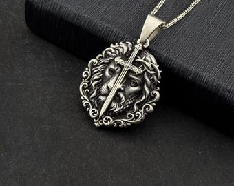 Gold Jesus and Lion Necklace, Lion of Judah Cross Pendant,18K Gold Christian Jewelry, Religious Sword Cross Medal,Faith Jewelry Gift for Men