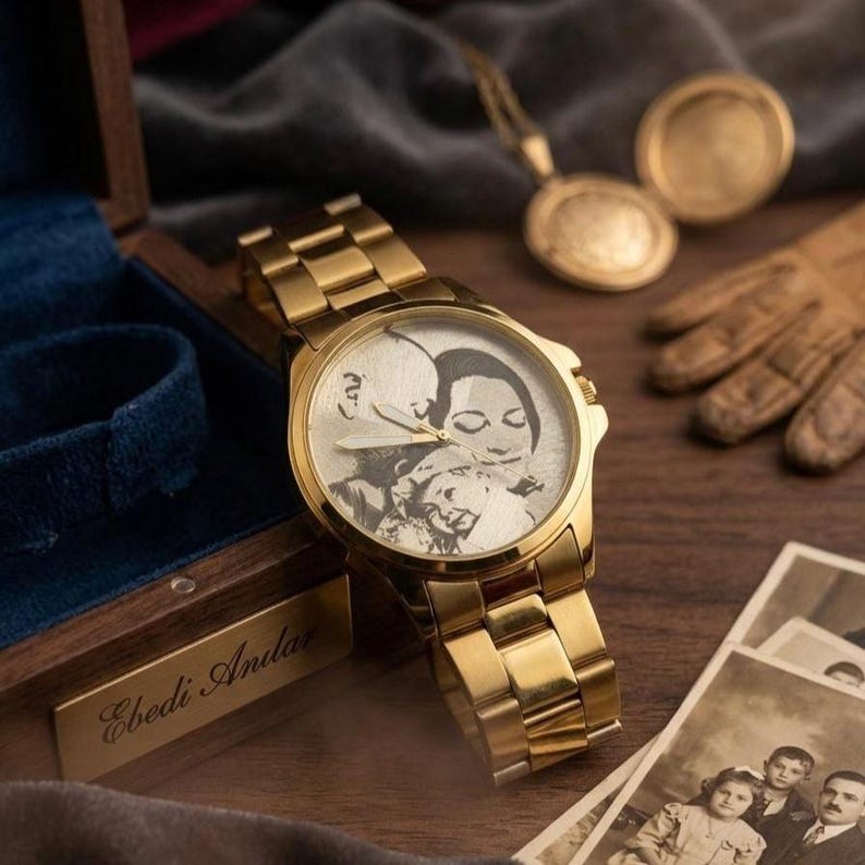 Puede incluir: Un reloj de pulsera dorado con una esfera personalizada que muestra una imagen en blanco y negro de una familia. El reloj se exhibe con una caja de madera, fotograf&iacute;as antiguas y un colgante dorado. La correa del reloj es de metal dorado.