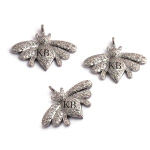 925 Sterling Silver Pave Diamond Bee Charm, Diamond Bee Charm Pendant