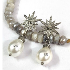 1 Pair Pave Diamond Starburst Earring, Pearl Earring, Diamond Earring, Star Burst Earring, Dangling Earring, Handmade Jewelry, Stud Earring