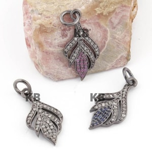 1 Pc Pave Diamond Ruby & Blue Sapphire Leaf Charm Pendant In 925 Sterling silver, Leaf Charm Pendant, Pave Diamond Pendant, Ruby Leaf Charm