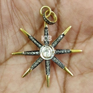 Pave Diamond Polki Starburst Pendant In Sterling Silver, Pave Diamond Polki Star Pendant, Pave Diamond Polki Sun Pendant, Diamond Pendant