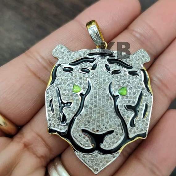 1 Pc Pave Diamond Tiger Face Pendant in 925 Sterling Silver