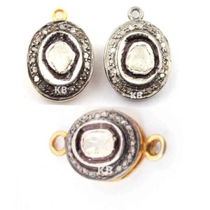 Pave Diamond Oval Polki Connector In 925 Sterling Silver, Pave Diamond Oval Polki Pendant, Pave Diamond Pendant, Pave Diamond Connector