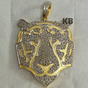 1 Pc Pave Diamond Tiger Face Pendant In 925 Sterling Silver, Tiger Face Pendant, 50X35mm, Pave Diamond Jewelry, Handmade Jewelry