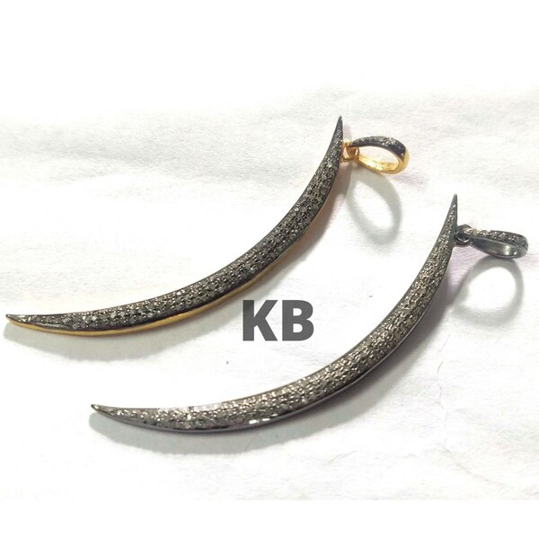Pave Diamond Crescent Moon Pendant: 925 Sterling Silver (60X4mm)