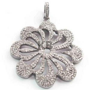 Pave Diamond Flower Pendant In 925 Sterling Silver, Flower Pendant Size 30mm, Pave Diamond Pendant, Pave Diamond Jewelry, Diamond Pendant