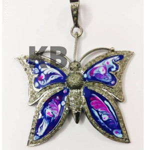 1 Pc Pave Diamond Enamel Butterfly Pendant In 925 Sterling Silver, Diamond Butterfly Pendant 60X50mm, Pave Diamond Jewelry, Enamel Pendant
