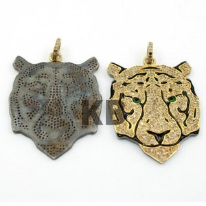 1 Pc Pave Diamond Tiger Face Pendant In 925 Sterling Silver, Enamel Tiger Face Pendant, 50X35mm, Pave Diamond Jewelry, Handmade Jewelry
