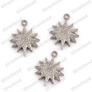 Pave Diamond Sun Burst Pendant, Diamond Sunburst Pendant, Spike Sun Pendant, Silver Starburst Charm, Pave Diamond Pendant, Diamond Jewelry