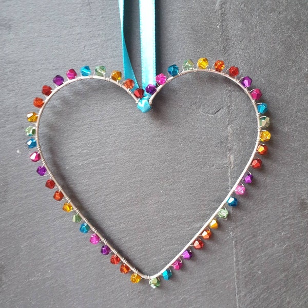 Metallic Beaded Rainbow Heart Decoration - handmade door hanger, unique gift, keepsake