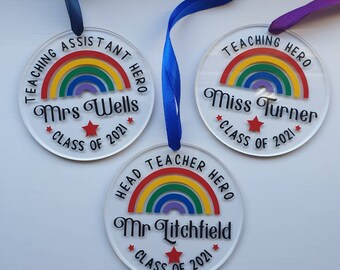 Personalised White Acrylic Medal Lockdown Gift Thank you Teacher Miss Mrs End of term gift