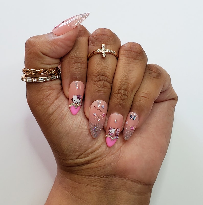 Pink Kitty / hello kitty themed nails press on nails kawaii Etsy