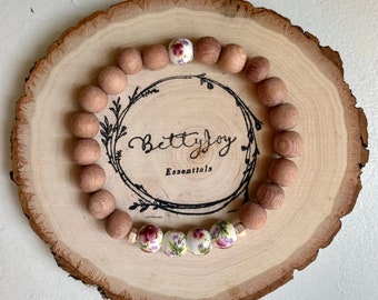 Rosewood and Ceramic Flower Beaded Diffuser Bracelet