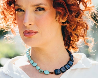 Mesmerizing Turquoise beads and Lapis Lazuli necklace, Unique lapis beads necklace, Mixed beaded short necklace, Statement necklace