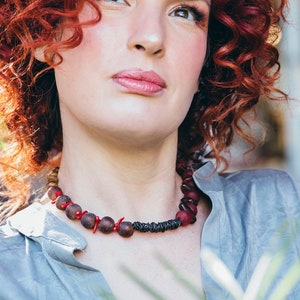 Ethnic short necklace, Women dark red statement necklace, Unique necklace, Brown statement necklace, Fusion necklace
