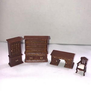 1:48 scale carved wood study set 4 piece desk cabinet chair for miniature dollhouse