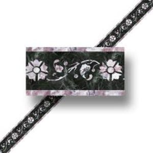 May include: A rectangular decorative tile featuring a floral design in white and pink against a dark green backdrop. The tile is framed by a thin pink border. Two black ribbons with a floral pattern are diagonally across the image.