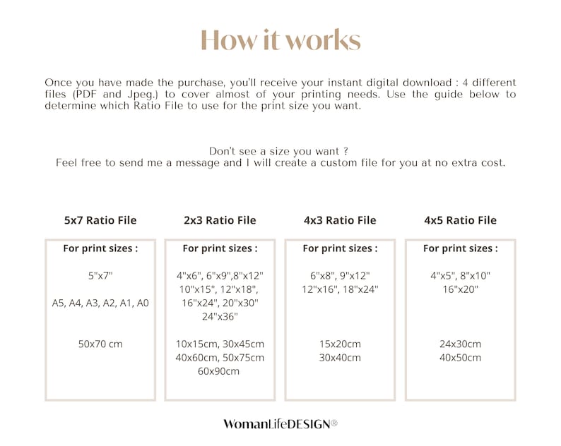 May include: A guide for choosing the correct print size for digital downloads. The guide shows four different aspect ratios: 5x7, 2x3, 4x3, and 4x5. Each ratio includes a list of common print sizes in inches and centimeters.