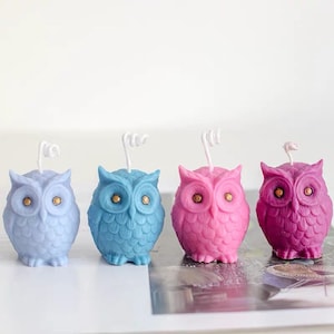 May include: Four owl-shaped candles in blue, pink, and purple. Each candle has a small white wick on top and gold eyes.