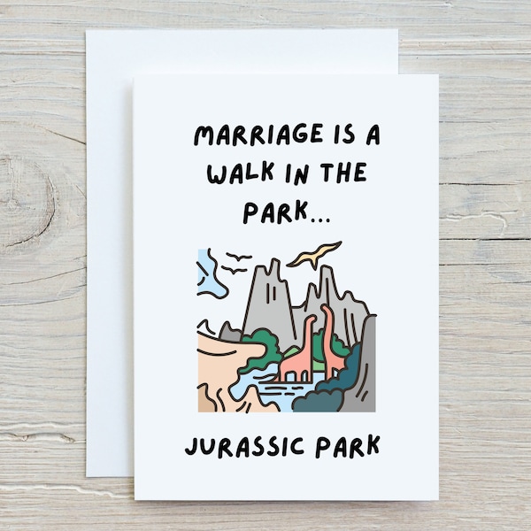 Carte de mariage / anniversaire drôle - mariage à pied dans Jurassic Park - couple mari femme