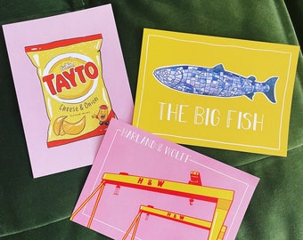 Ensemble de 3 cartes postales Belfast / Irlande du Nord - Big Fish, Harland et Wolff H&W et Tayto