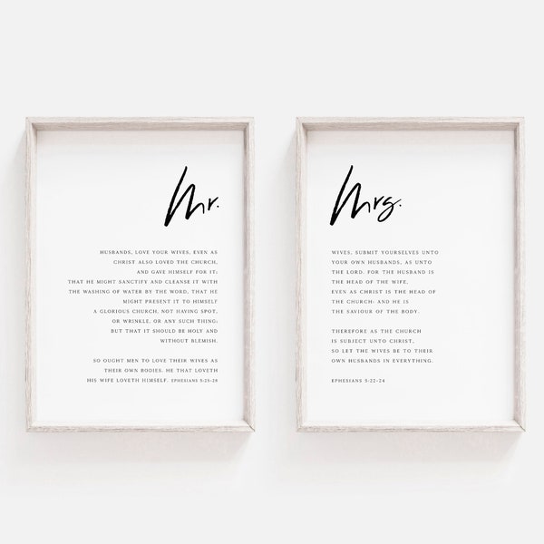 Mr and Mrs Wall Art | Ephesians 5:22-28 | Printable Bible Verse Set of 2 | Instant Download | Anniversary, Wedding Christian Gift