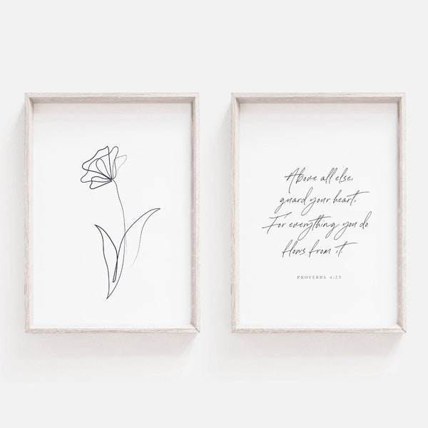 Proverbs 4:23 | Above all else, guard your heart | Set of 2 | Printable Bible Verse | Christian Wall Art | Minimalist Boho flower