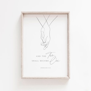 Ephesians 5:31 Wall Art | Two shall become One | Christian Wedding Gift | Printable Poster for Couple | Holding Hands Line Art | Minimalist