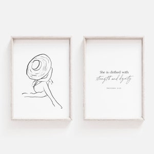 Proverbs 31:25 Wall Art | Summer Woman Line Art | Printable Scripture | Christian Wall Art | Modern, Minimalist, Handwritten | laundry decor