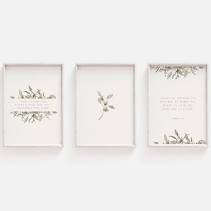 Jeremia 29:11 | Want ik ken de plannen die ik voor je heb | Paasbijbel muur kunst afdrukbare | Set van 3 | Christelijke Schrift | Botanische Bloem